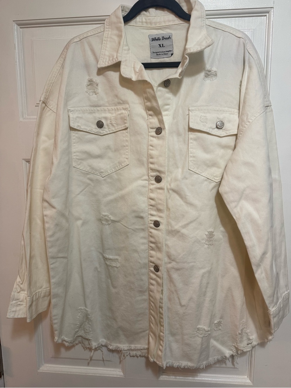 white birch Cream Distressed Button-Up Shacket white Jean xl